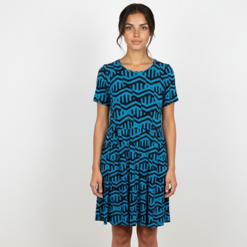 Black and Blue A-Line Midi Dress with Scoop Neck